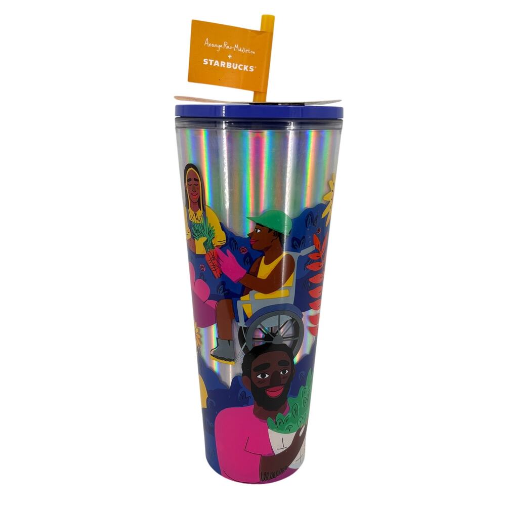 Starbucks Ananya Rao Middleton Venti Tumbler 24oz Holographic Cold Cup Lid Straw